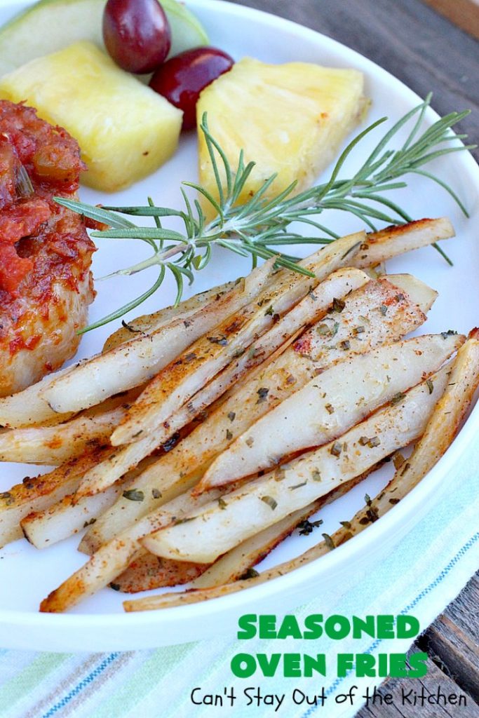 Seasoned Oven Fries | Can't Stay Out of the Kitchen | My version of #FrenchFries can't be beat! These are delicately seasoned as well as #healthy, #LowCalorie, #Vegan & #GlutenFree. They make a terrific #SideDish without overwhelming the palate like some dishes do. So delicious and go with just about any meat entree. #potatoes #holiday #HolidaySideDish #SeasonedOvenFries