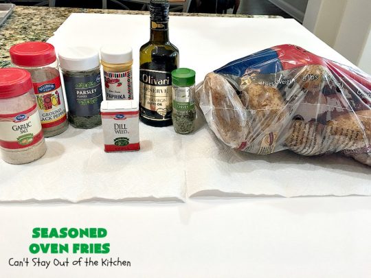 Seasoned Oven Fries | Can't Stay Out of the Kitchen | My version of #FrenchFries can't be beat! These are delicately seasoned as well as #healthy, #LowCalorie, #Vegan & #GlutenFree. They make a terrific #SideDish without overwhelming the palate like some dishes do. So delicious and go with just about any meat entree. #potatoes #holiday #HolidaySideDish #SeasonedOvenFries