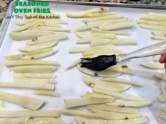 Seasoned Oven Fries | Can't Stay Out of the Kitchen | My version of #FrenchFries can't be beat! These are delicately seasoned as well as #healthy, #LowCalorie, #Vegan & #GlutenFree. They make a terrific #SideDish without overwhelming the palate like some dishes do. So delicious and go with just about any meat entree. #potatoes #holiday #HolidaySideDish #SeasonedOvenFries