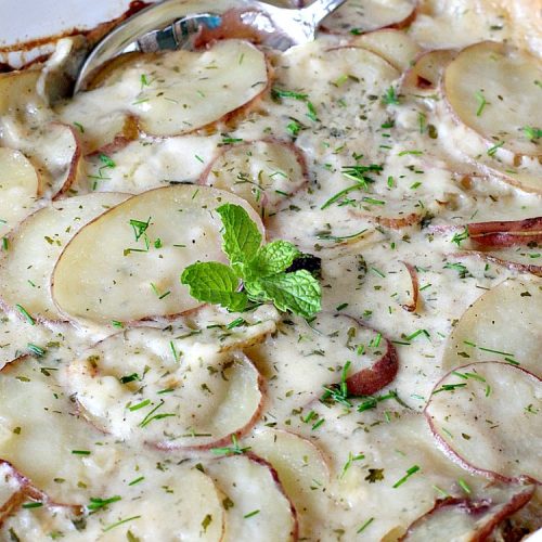 Seasoned Scalloped Potatoes | Can't Stay Out of the Kitchen | these heavenly scalloped #potatoes are absolutely mouthwatering. Terrific for #holiday menus like #Thanksgiving or #Christmas too. This version is #glutenfree, but you can use regular flour as well. #vegetable #casserole #potatocasserole #holidaycasserole #scallopedpotatoes