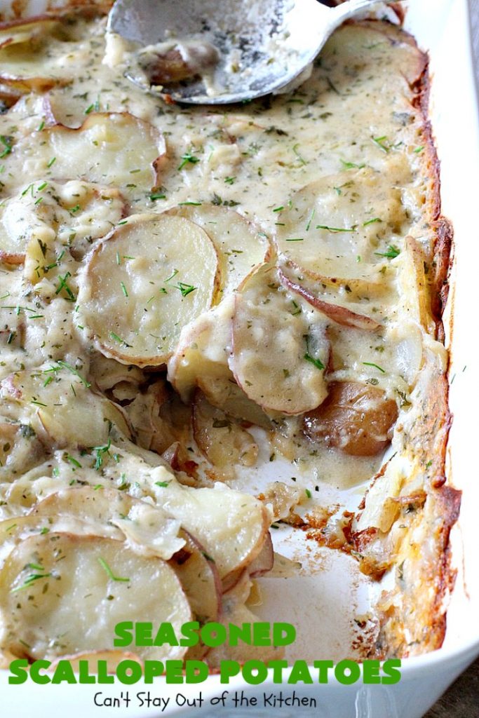 Seasoned Scalloped Potatoes | Can't Stay Out of the Kitchen | these heavenly scalloped #potatoes are absolutely mouthwatering. Terrific for #holiday menus like #Thanksgiving or #Christmas too. This version is #glutenfree, but you can use regular flour as well. #vegetable #casserole #potatocasserole #holidaycasserole #scallopedpotatoes