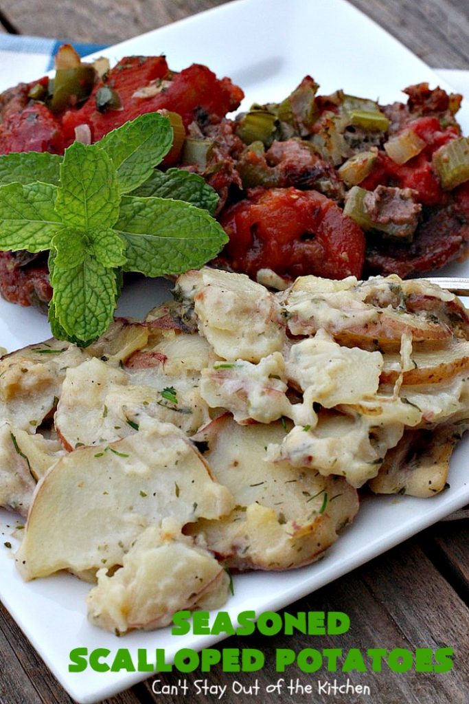 Seasoned Scalloped Potatoes | Can't Stay Out of the Kitchen | these heavenly scalloped #potatoes are absolutely mouthwatering. Terrific for #holiday menus like #Thanksgiving or #Christmas too. This version is #glutenfree, but you can use regular flour as well. #vegetable #casserole #potatocasserole #holidaycasserole #scallopedpotatoes