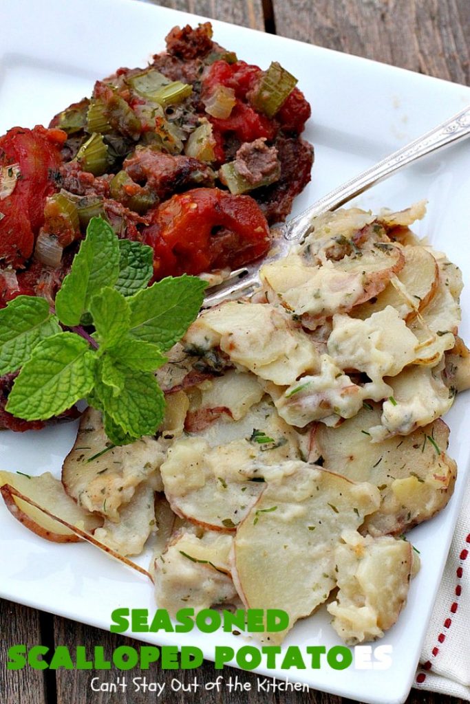 Seasoned Scalloped Potatoes | Can't Stay Out of the Kitchen | these heavenly scalloped #potatoes are absolutely mouthwatering. Terrific for #holiday menus like #Thanksgiving or #Christmas too. This version is #glutenfree, but you can use regular flour as well. #vegetable #casserole #potatocasserole #holidaycasserole #scallopedpotatoes