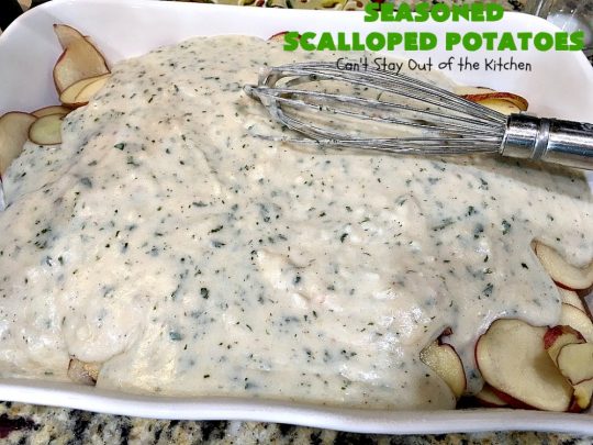 Seasoned Scalloped Potatoes | Can't Stay Out of the Kitchen | these heavenly scalloped #potatoes are absolutely mouthwatering. Terrific for #holiday menus like #Thanksgiving or #Christmas too. This version is #glutenfree, but you can use regular flour as well. #vegetable #casserole #potatocasserole #holidaycasserole #scallopedpotatoes