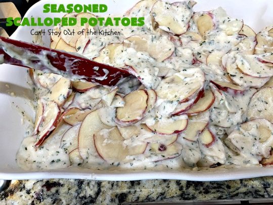 Seasoned Scalloped Potatoes | Can't Stay Out of the Kitchen | these heavenly scalloped #potatoes are absolutely mouthwatering. Terrific for #holiday menus like #Thanksgiving or #Christmas too. This version is #glutenfree, but you can use regular flour as well. #vegetable #casserole #potatocasserole #holidaycasserole #scallopedpotatoes