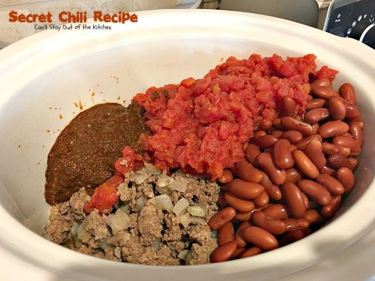 Secret Chili Recipe | Can't Stay Out of the Kitchen | you'll love this family favorite prize-winning #chili with 3 kinds of peppers. #crockpot #beef #kidneybeans #glutenfree