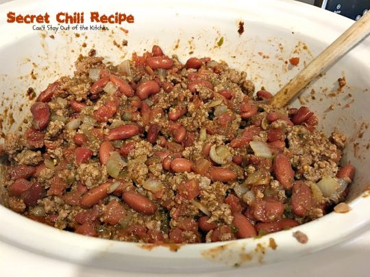 Secret Chili Recipe | Can't Stay Out of the Kitchen | you'll love this family favorite prize-winning #chili with 3 kinds of peppers. #crockpot #beef #kidneybeans #glutenfree