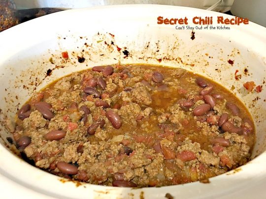 Secret Chili Recipe | Can't Stay Out of the Kitchen | you'll love this family favorite prize-winning #chili with 3 kinds of peppers. #crockpot #beef #kidneybeans #glutenfree