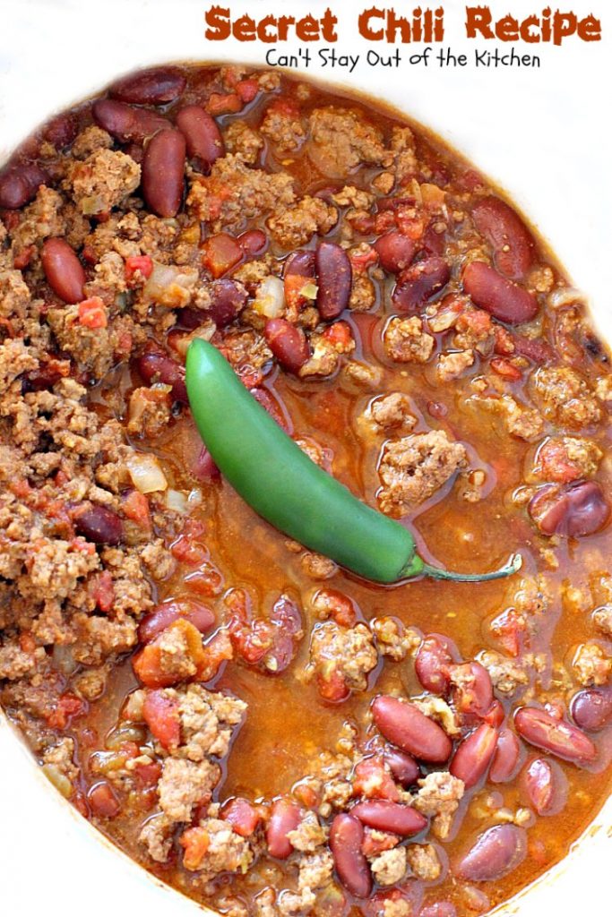 Secret Chili Recipe | Can't Stay Out of the Kitchen | you'll love this family favorite prize-winning #chili with 3 kinds of peppers. #crockpot #beef #kidneybeans #glutenfree