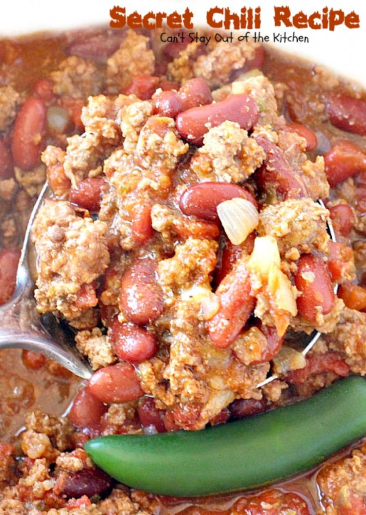 Secret Chili Recipe | Can't Stay Out of the Kitchen | you'll love this family favorite prize-winning #chili with 3 kinds of peppers. #crockpot #beef #kidneybeans #glutenfree