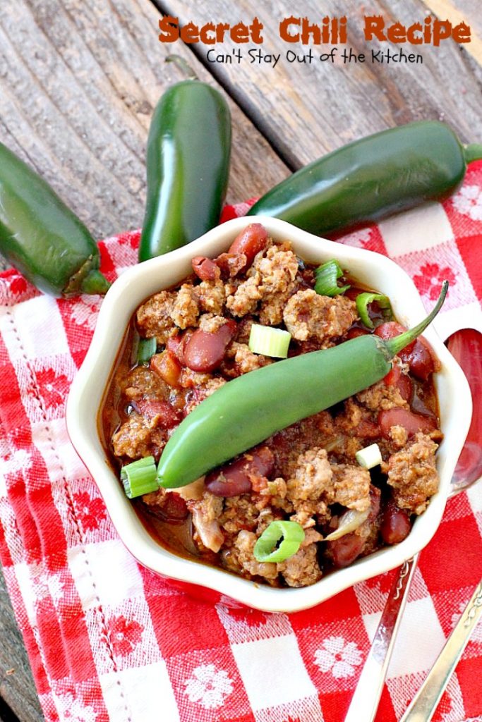 Secret Chili Recipe | Can't Stay Out of the Kitchen | you'll love this family favorite prize-winning #chili with 3 kinds of peppers. #crockpot #beef #kidneybeans #glutenfree