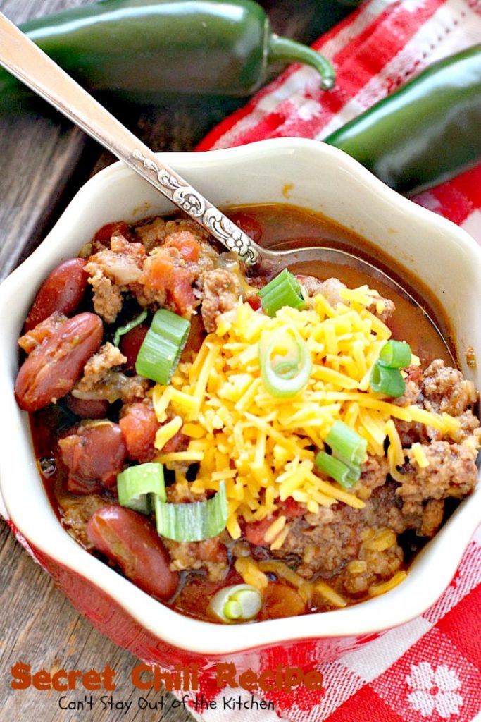 Secret Chili Recipe | Can't Stay Out of the Kitchen | you'll love this family favorite prize-winning #chili with 3 kinds of peppers. #crockpot #beef #kidneybeans #glutenfree