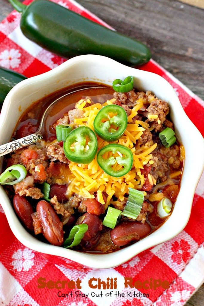 Secret Chili Recipe | Can't Stay Out of the Kitchen | you'll love this family favorite prize-winning #chili with 3 kinds of peppers. #crockpot #beef #kidneybeans #glutenfree