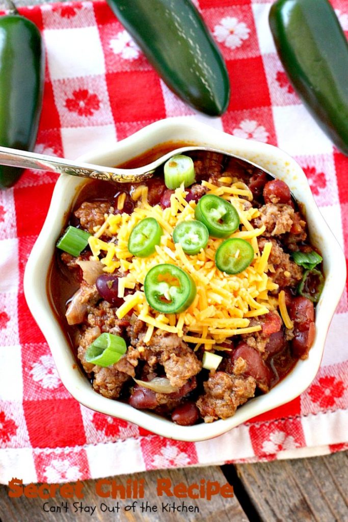 Secret Chili Recipe | Can't Stay Out of the Kitchen | you'll love this family favorite prize-winning #chili with 3 kinds of peppers. #crockpot #beef #kidneybeans #glutenfree
