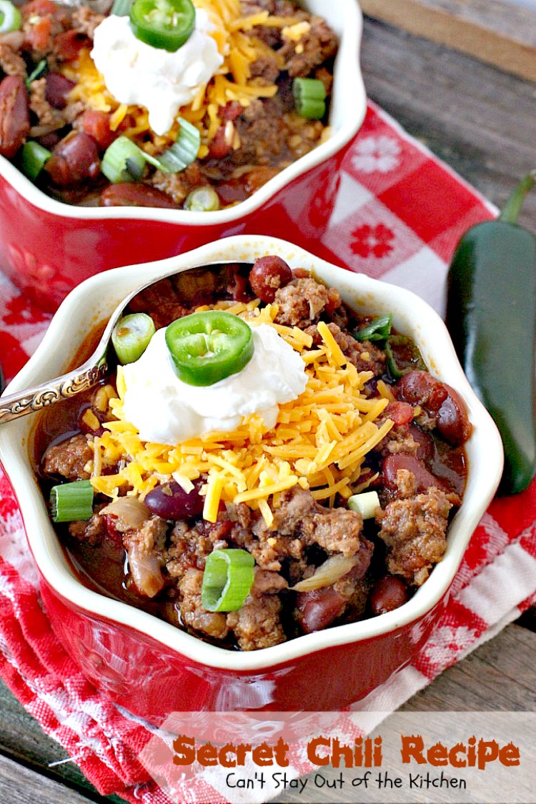 Secret Chili Recipe | Can't Stay Out of the Kitchen | you'll love this family favorite prize-winning #chili with 3 kinds of peppers. #crockpot #beef #kidneybeans #glutenfree