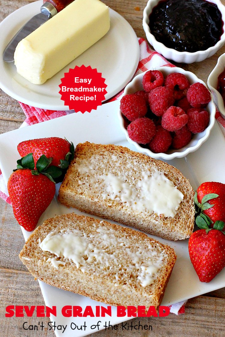 Seven Grain Bread | Can't Stay Out of the Kitchen | this delicious home-baked #bread is perfect for either #breakfast or dinner. It's also incredibly easy since it's made in the #breadmaker. This #recipe uses #VitalWheatGluten so it's light and fluffy. #SevenGrainCereal #SevenGrainBread