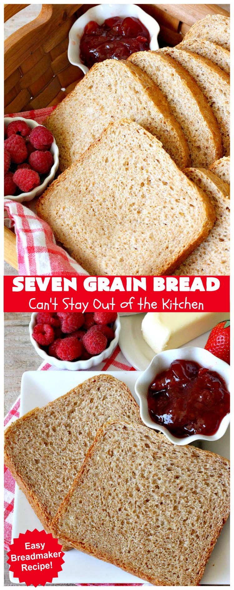 Seven Grain Bread | Can't Stay Out of the Kitchen | this delicious home-baked #bread is perfect for either #breakfast or dinner. It's also incredibly easy since it's made in the #breadmaker. This #recipe uses #VitalWheatGluten so it's light and fluffy. #SevenGrainCereal #SevenGrainBread