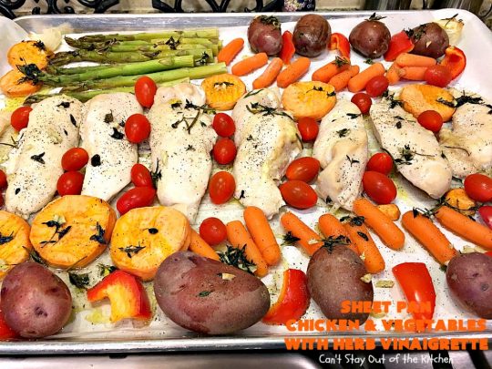 Sheet Pan Chicken and Vegetables with Herb Vinaigrette | Can't Stay Out of the Kitchen | this amazing one-dish meal has a delicious herb Vinaigrette baked into the #chicken & #vegetables. Easy & delicious. #glutenfree 