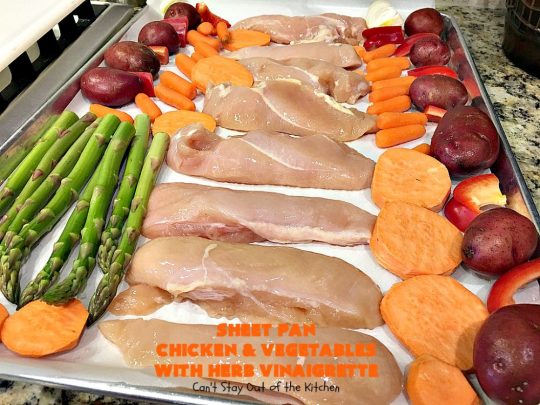 Sheet Pan Chicken and Vegetables with Herb Vinaigrette | Can't Stay Out of the Kitchen | this amazing one-dish meal has a delicious herb Vinaigrette baked into the #chicken & #vegetables. Easy & delicious. #glutenfree 