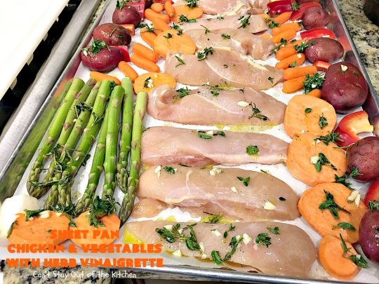 Sheet Pan Chicken and Vegetables with Herb Vinaigrette | Can't Stay Out of the Kitchen | this amazing one-dish meal has a delicious herb Vinaigrette baked into the #chicken & #vegetables. Easy & delicious. #glutenfree 