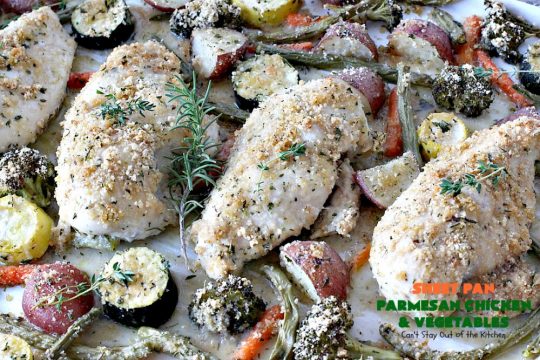 Sheet Pan Parmesan Chicken and Vegetables | Can't Stay Out of the Kitchen | fantastic sheet pan dinner that's so easy & delicious. This one has a delicious #parmesan cheese coating. Perfect for family or company dinners. #chicken #asparagus #glutenfree