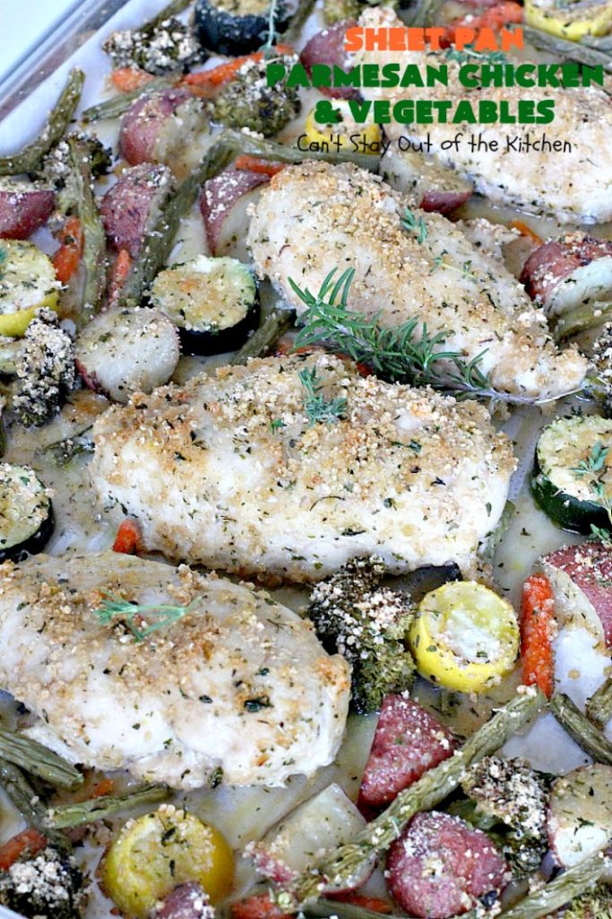Sheet Pan Parmesan Chicken and Vegetables | Can't Stay Out of the Kitchen | fantastic sheet pan dinner that's so easy & delicious. This one has a delicious #parmesan cheese coating. Perfect for family or company dinners. #chicken #asparagus #glutenfree