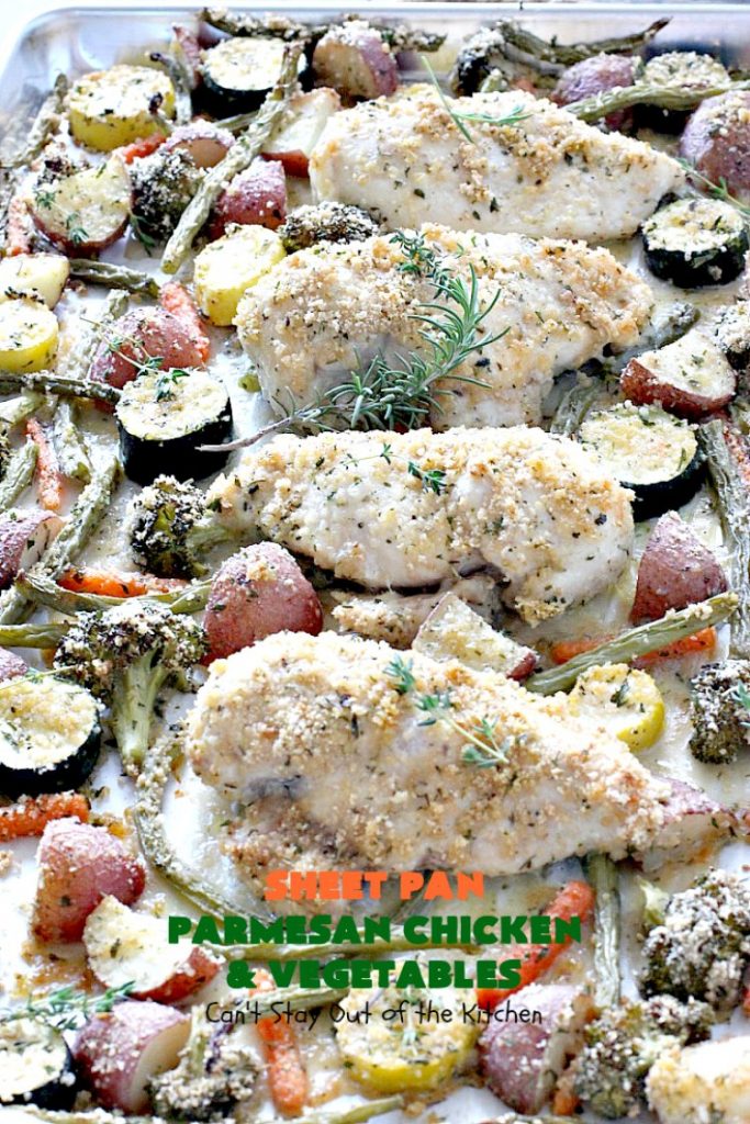 Sheet Pan Parmesan Chicken and Vegetables | Can't Stay Out of the Kitchen | fantastic sheet pan dinner that's so easy & delicious. This one has a delicious #parmesan cheese coating. Perfect for family or company dinners. #chicken #asparagus #glutenfree
