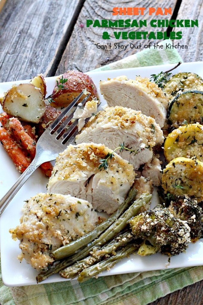 Sheet Pan Parmesan Chicken and Vegetables | Can't Stay Out of the Kitchen | fantastic sheet pan dinner that's so easy & delicious. This one has a delicious #parmesan cheese coating. Perfect for family or company dinners. #chicken #asparagus #glutenfree