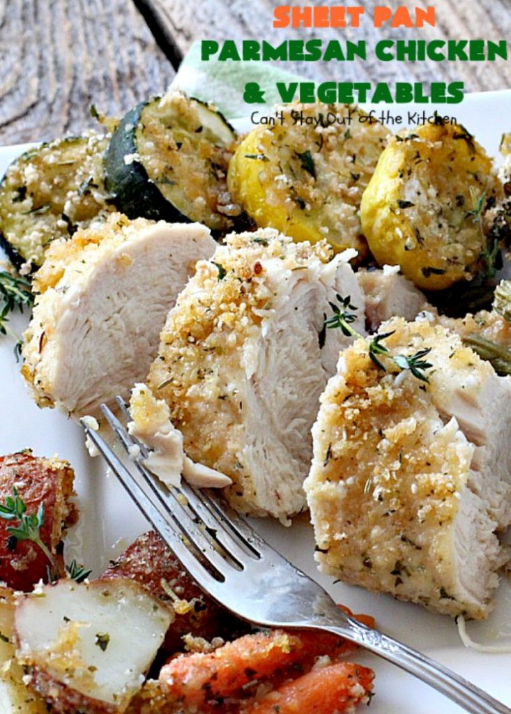 Sheet Pan Parmesan Chicken and Vegetables | Can't Stay Out of the Kitchen | fantastic sheet pan dinner that's so easy & delicious. This one has a delicious #parmesan cheese coating. Perfect for family or company dinners. #chicken #asparagus #glutenfree