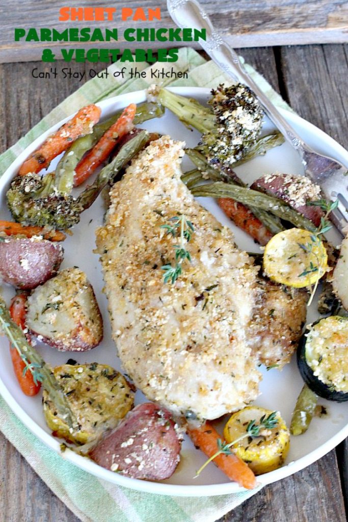 Sheet Pan Parmesan Chicken and Vegetables | Can't Stay Out of the Kitchen | fantastic sheet pan dinner that's so easy & delicious. This one has a delicious #parmesan cheese coating. Perfect for family or company dinners. #chicken #asparagus #glutenfree