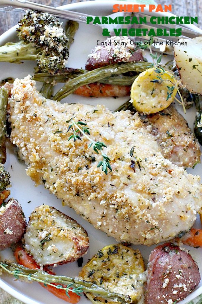 Sheet Pan Parmesan Chicken and Vegetables | Can't Stay Out of the Kitchen | fantastic sheet pan dinner that's so easy & delicious. This one has a delicious #parmesan cheese coating. Perfect for family or company dinners. #chicken #asparagus #glutenfree