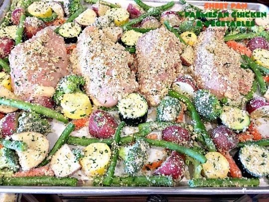 Sheet Pan Parmesan Chicken and Vegetables | Can't Stay Out of the Kitchen | fantastic sheet pan dinner that's so easy & delicious. This one has a delicious #parmesan cheese coating. Perfect for family or company dinners. #chicken #asparagus #glutenfree