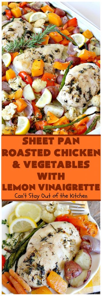 Sheet Pan Roasted Chicken and Vegetables with Lemon Vinaigrette | Can't Stay Out of the Kitchen | amazing one-pan meal with a delicious #lemon #vinaigrette drizzled over the top. #chicken #carrots #butternutsquash #cauliflower #asparagus #glutenfree