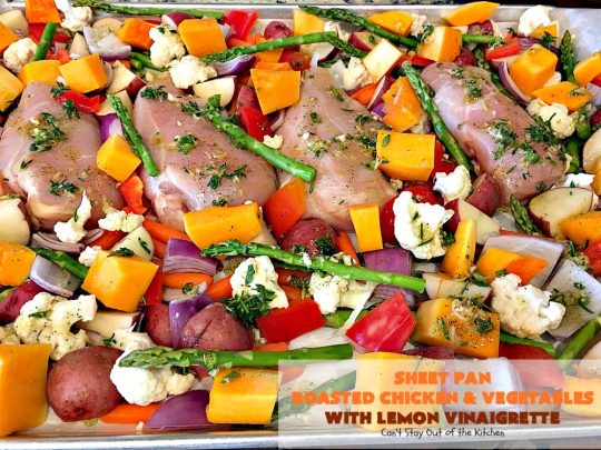 Sheet Pan Roasted Chicken and Vegetables with Lemon Vinaigrette | Can't Stay Out of the Kitchen | amazing one-pan meal with a delicious #lemon #vinaigrette drizzled over the top. #chicken #carrots #butternutsquash #cauliflower #asparagus #glutenfree