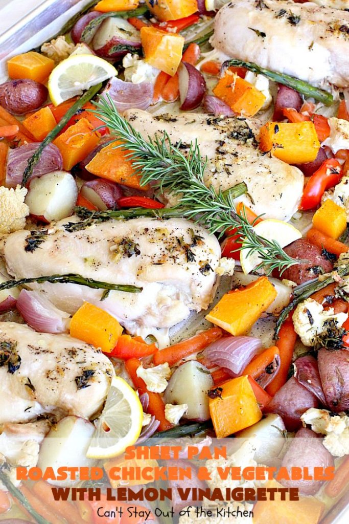 Sheet Pan Roasted Chicken and Vegetables with Lemon Vinaigrette | Can't Stay Out of the Kitchen | amazing one-pan meal with a delicious #lemon #vinaigrette drizzled over the top. #chicken #carrots #butternutsquash #cauliflower #asparagus #glutenfree