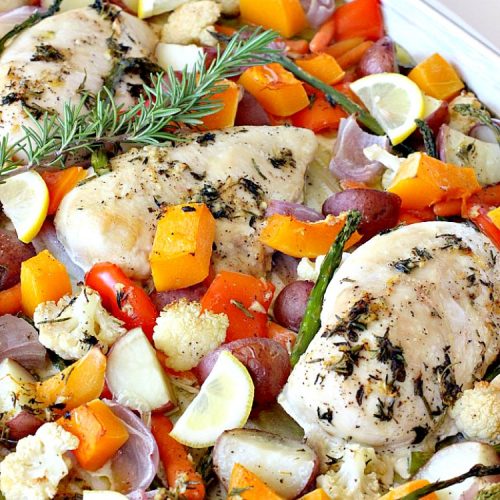 Sheet Pan Roasted Chicken and Vegetables with Lemon Vinaigrette | Can't Stay Out of the Kitchen | amazing one-pan meal with a delicious #lemon #vinaigrette drizzled over the top. #chicken #carrots #butternutsquash #cauliflower #asparagus #glutenfree