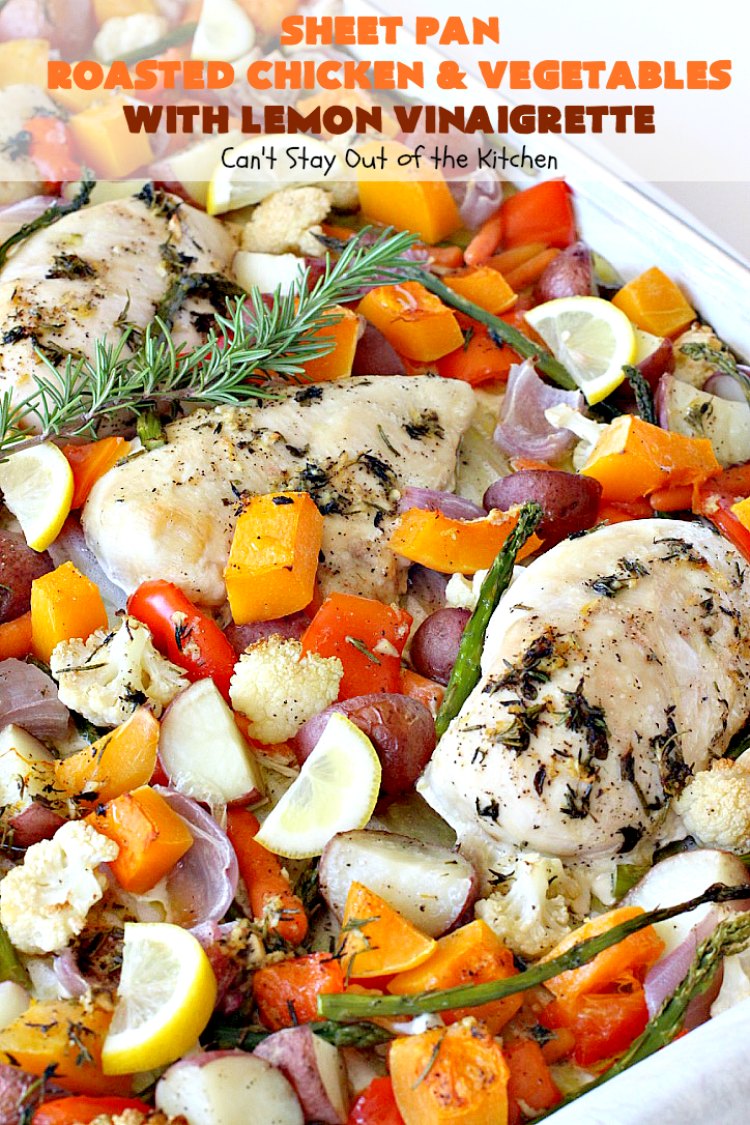 Sheet Pan Roasted Chicken and Vegetables with Lemon Vinaigrette | Can't Stay Out of the Kitchen | amazing one-pan meal with a delicious #lemon #vinaigrette drizzled over the top. #chicken #carrots #butternutsquash #cauliflower #asparagus #glutenfree