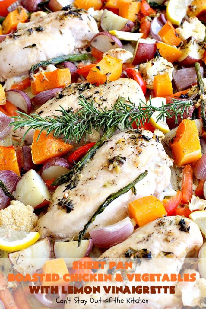 Sheet Pan Roasted Chicken and Vegetables with Lemon Vinaigrette | Can't Stay Out of the Kitchen | amazing one-pan meal with a delicious #lemon #vinaigrette drizzled over the top. #chicken #carrots #butternutsquash #cauliflower #asparagus #glutenfree