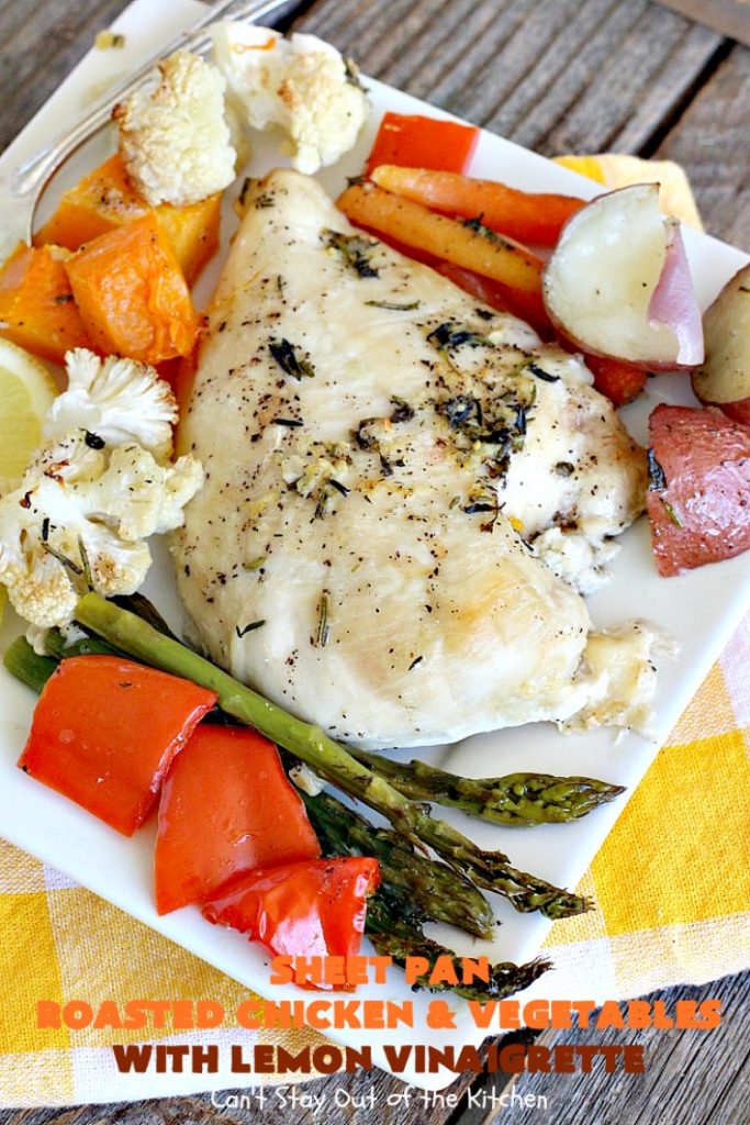 Sheet Pan Roasted Chicken and Vegetables with Lemon Vinaigrette | Can't Stay Out of the Kitchen | amazing one-pan meal with a delicious #lemon #vinaigrette drizzled over the top. #chicken #carrots #butternutsquash #cauliflower #asparagus #glutenfree