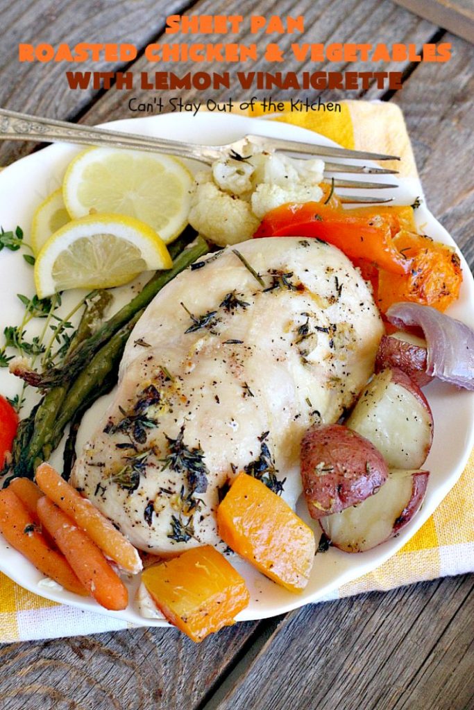 Sheet Pan Roasted Chicken and Vegetables with Lemon Vinaigrette | Can't Stay Out of the Kitchen | amazing one-pan meal with a delicious #lemon #vinaigrette drizzled over the top. #chicken #carrots #butternutsquash #cauliflower #asparagus #glutenfree