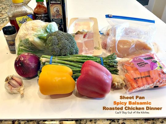 Sheet Pan Spicy Balsamic Roasted Chicken Dinner | Can't Stay Out of the Kitchen | easy, one-pan #chicken entree with #asparagus, #broccoli, #cauliflower & #carrots. Perfect 4 #MothersDay or other #holiday dinners too. #glutenfree