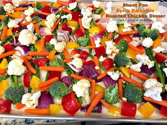 Sheet Pan Spicy Balsamic Roasted Chicken Dinner | Can't Stay Out of the Kitchen | easy, one-pan #chicken entree with #asparagus, #broccoli, #cauliflower & #carrots. Perfect 4 #MothersDay or other #holiday dinners too. #glutenfree