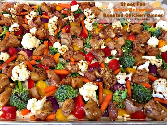 Sheet Pan Spicy Balsamic Roasted Chicken Dinner | Can't Stay Out of the Kitchen | easy, one-pan #chicken entree with #asparagus, #broccoli, #cauliflower & #carrots. Perfect 4 #MothersDay or other #holiday dinners too. #glutenfree