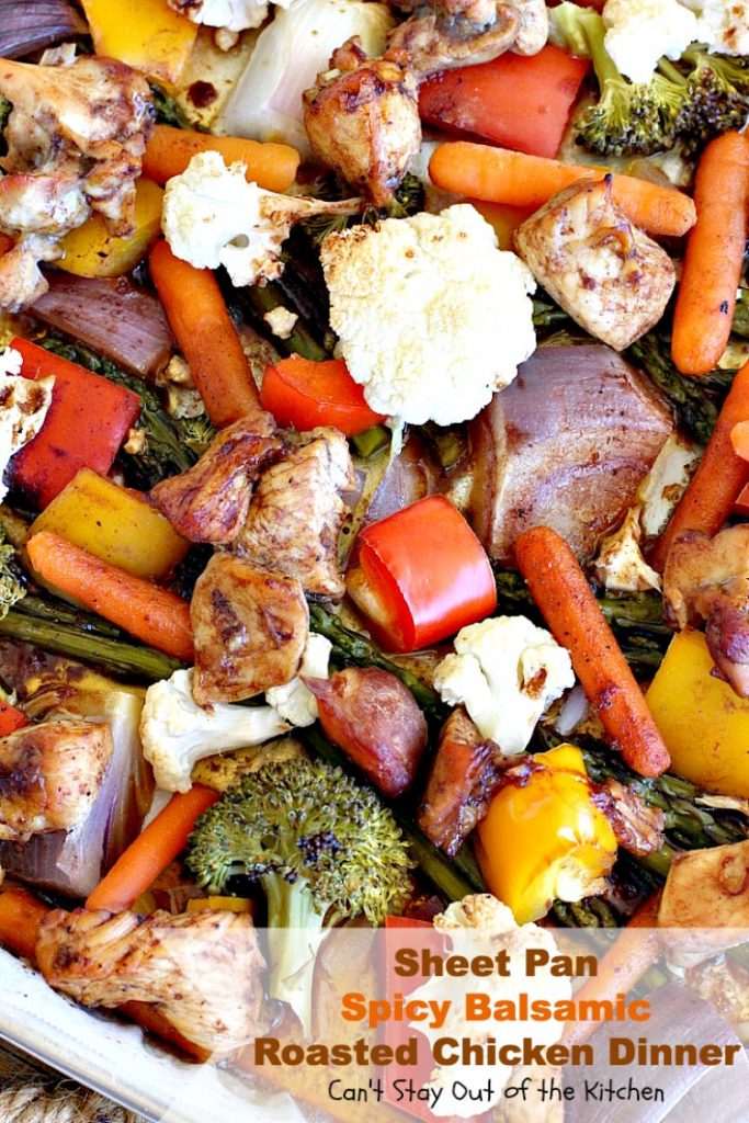 Sheet Pan Spicy Balsamic Roasted Chicken Dinner | Can't Stay Out of the Kitchen | easy, one-pan #chicken entree with #asparagus, #broccoli, #cauliflower & #carrots. Perfect 4 #MothersDay or other #holiday dinners too. #glutenfree