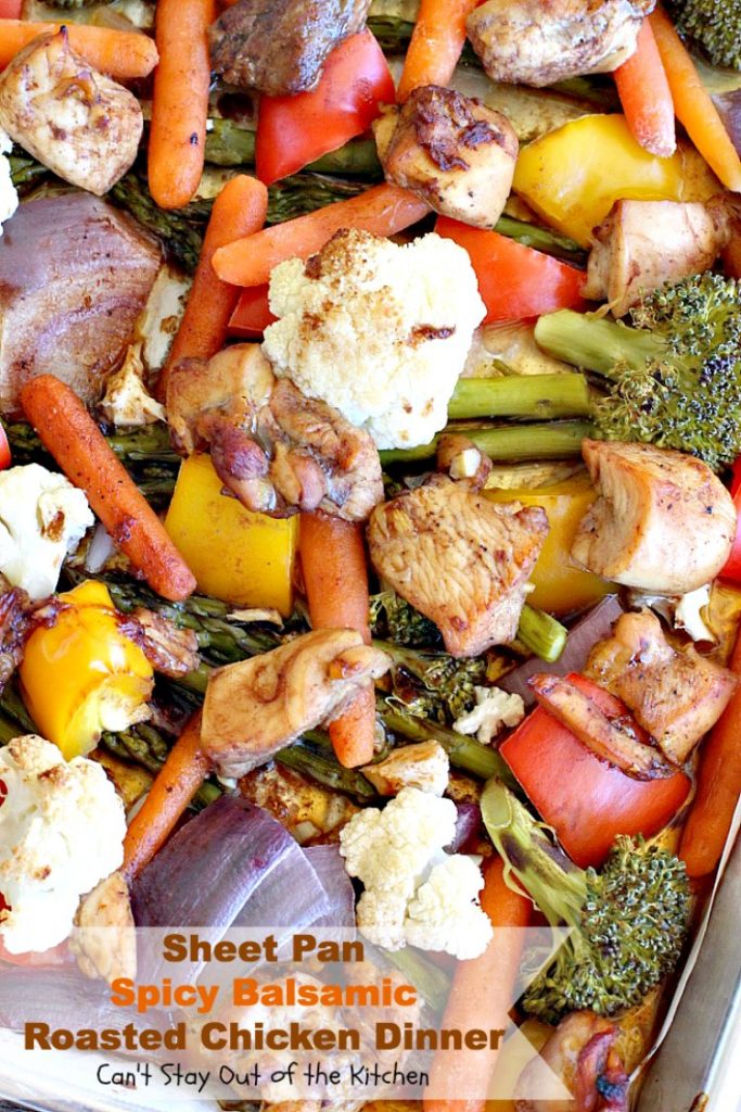 Sheet Pan Spicy Balsamic Roasted Chicken Dinner | Can't Stay Out of the Kitchen | easy, one-pan #chicken entree with #asparagus, #broccoli, #cauliflower & #carrots. Perfect 4 #MothersDay or other #holiday dinners too. #glutenfree