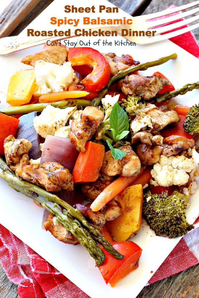 Sheet Pan Spicy Balsamic Roasted Chicken Dinner | Can't Stay Out of the Kitchen | easy, one-pan #chicken entree with #asparagus, #broccoli, #cauliflower & #carrots. Perfect 4 #MothersDay or other #holiday dinners too. #glutenfree