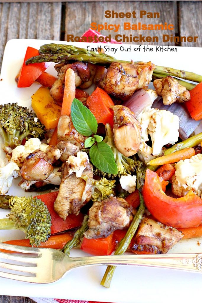 Sheet Pan Spicy Balsamic Roasted Chicken Dinner | Can't Stay Out of the Kitchen | easy, one-pan #chicken entree with #asparagus, #broccoli, #cauliflower & #carrots. Perfect 4 #MothersDay or other #holiday dinners too. #glutenfree