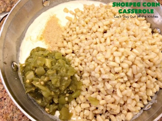 Shoepeg Corn Casserole | Can't Stay Out of the Kitchen | this fantastic #corn #casserole uses #creamcheese & #chilies for a creamy, slightly spicy spin on corn. It's a wonderful & very easy #sidedish for #holidays like #Thanksgiving & #Christmas. #corncasserole #glutenfree
