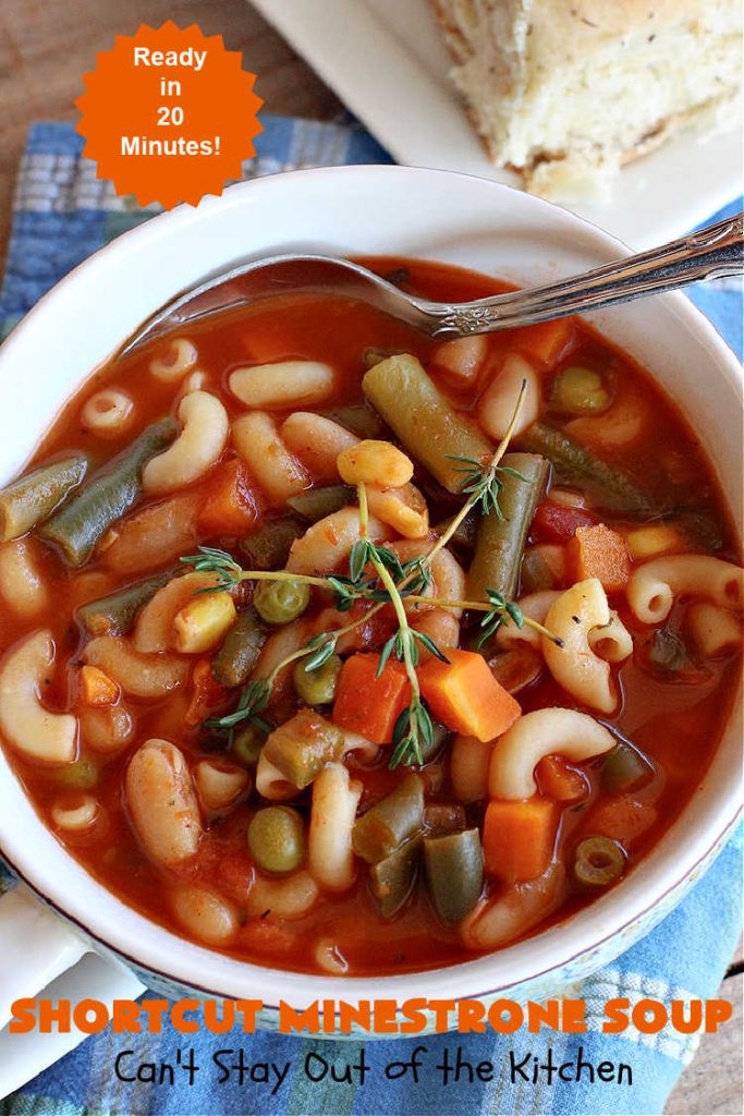 Shortcut Minestrone Soup | Can't Stay Out of the Kitchen | this easy #meatless #soup #recipe can be whipped up in about 20 minutes. It's perfect for weeknight dinners when you need something ready really quickly. It's also wonderful for cold, winter nights when you want some hot food to invigorate you! #Minestrone #pasta #cannellini #ShortcutMinestroneSoup