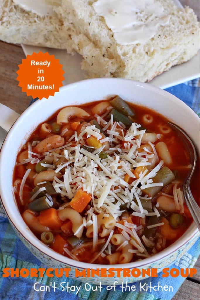 Shortcut Minestrone Soup | Can't Stay Out of the Kitchen | this easy #meatless #soup #recipe can be whipped up in about 20 minutes. It's perfect for weeknight dinners when you need something ready really quickly. It's also wonderful for cold, winter nights when you want some hot food to invigorate you! #Minestrone #pasta #cannellini #ShortcutMinestroneSoup